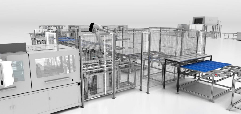 Alt text: Robotic arm and vision system integrated in solar panel manufacturing line for quality control and positioning.