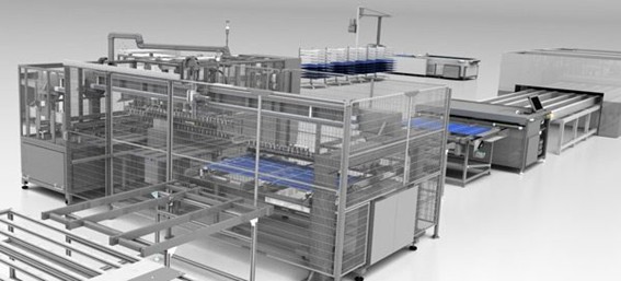 Alt text: Robotic arm and vision system integrated in solar panel manufacturing line for quality control and positioning.
