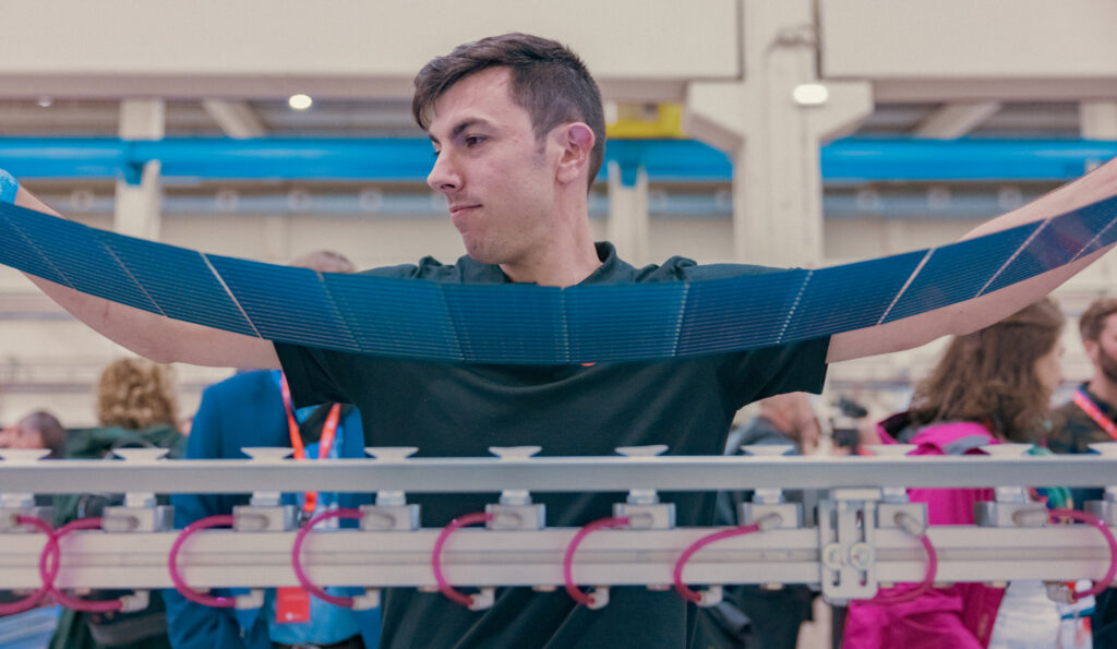 Detail of a solar cell after interconnection in a PV Tabber & Stringer line