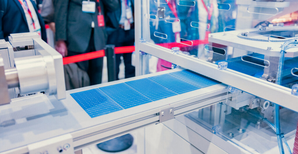 PV Tabber & Stringer machine by Mondragon Assembly interconnecting solar cells in an automated line.