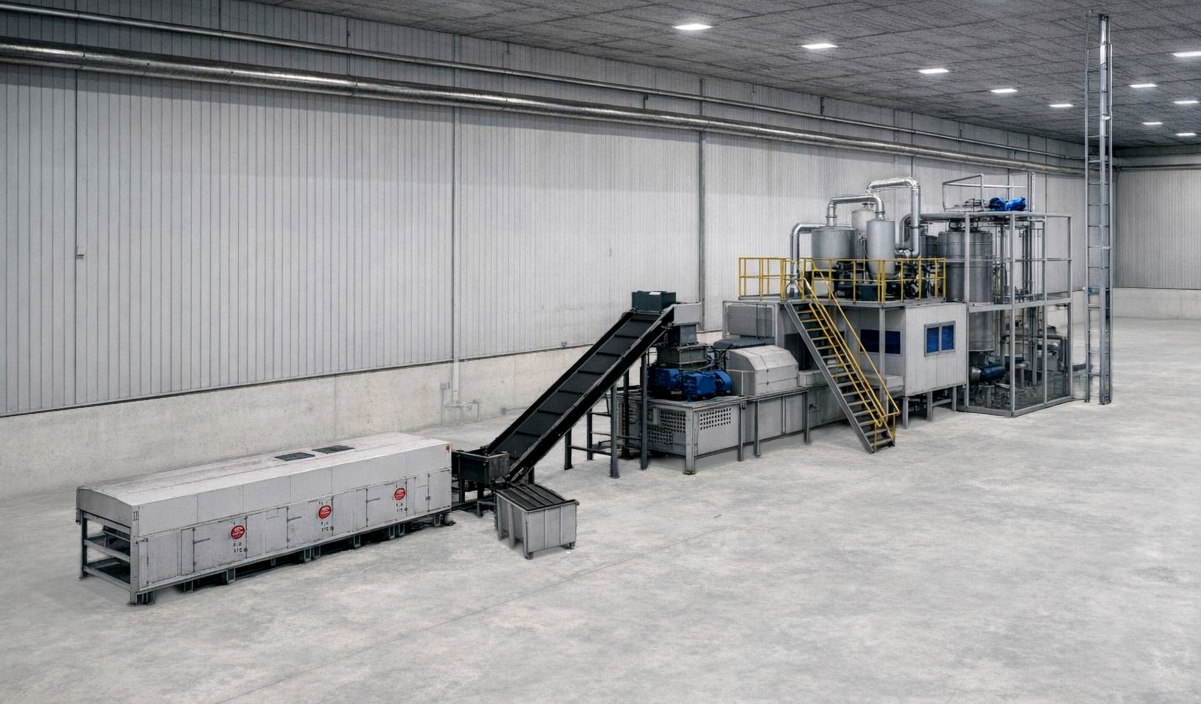 Línea automatizada de reciclaje de paneles solares con procesos avanzados de separación y recuperación de materiales en entorno industrial limpio.