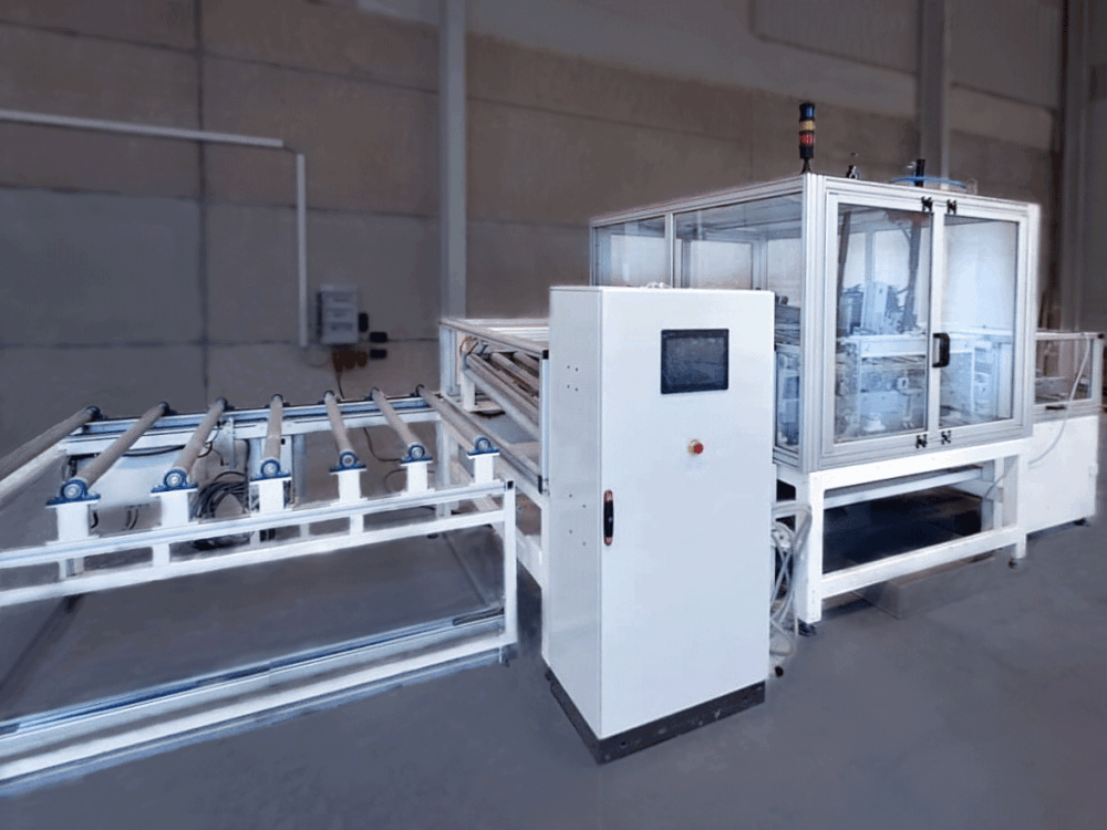 Automated industrial equipment for advanced recycling of solar panels through material separation using waterjet technology.