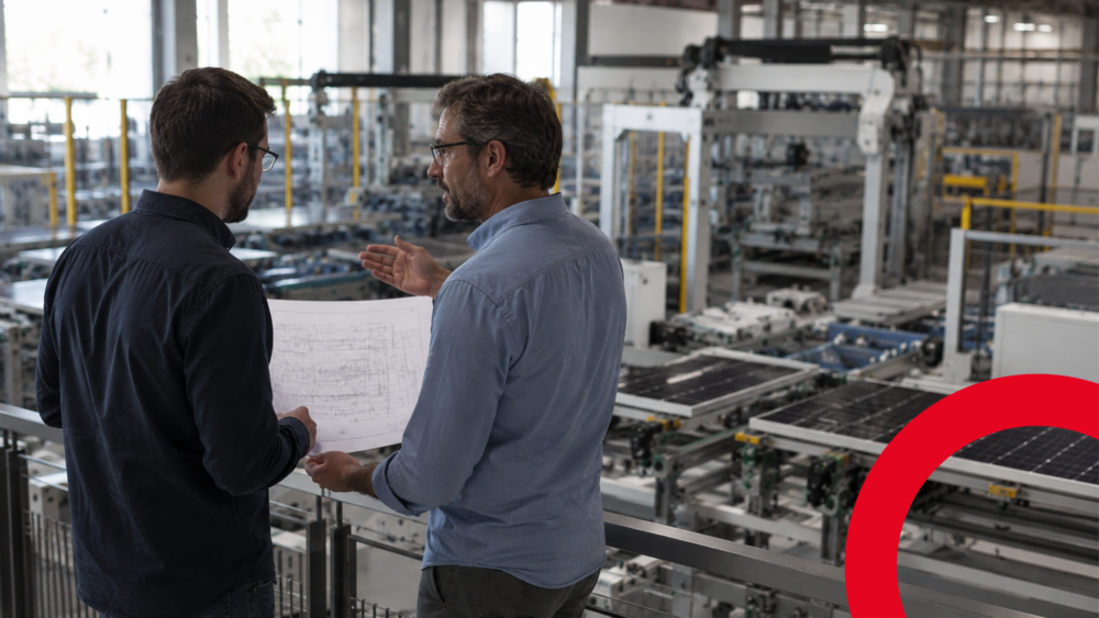 Engineer reviewing a solar technology partner's module production line