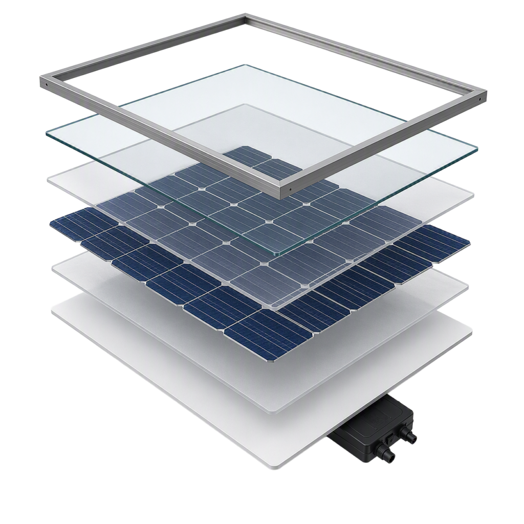 Vista explosionada de un módulo fotovoltaico que muestra las capas implicadas en el reciclaje de paneles fotovoltaicos, incluyendo marco, vidrio, encapsulantes, células solares y backsheet.